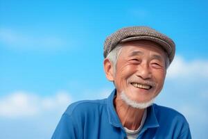 ai generato contento vecchio uomo su blu cielo sfondo. ritratto di anziano sorridente asiatico uomo, avvicinamento. foto