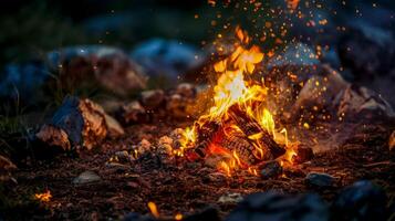 ai generato vivace fuoco di bivacco ustioni con ardente scintille contro un' tetro fondale foto