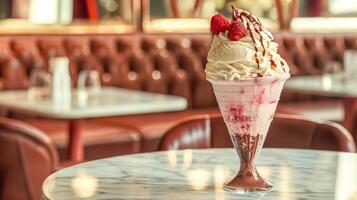 ai generato decadente lampone coppa di gelato guarnita nel retrò commensale foto