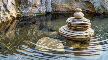 ai generato zen pietre nel acqua con increspato riflessione foto