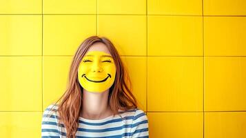 ai generato un' donna è indossare un' giallo smiley viso maschera su sua viso, copia spazio foto