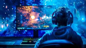 ai generato gamer impegnato nel intenso video gioco sessione a notte foto