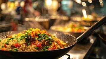 ai generato verdura fritte riso contro un' tradizionale wok stazione foto