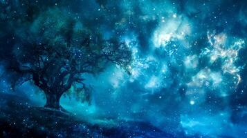 ai generato mistico albero sta in mezzo un' stellato cosmo, la creazione di un etereo Dreamscape foto