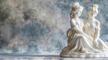 ai generato classico scultura di Due donne nel etereo ambientazione foto