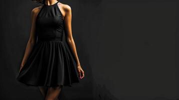 ai generato elegante donna nel nero vestito su buio sfondo foto