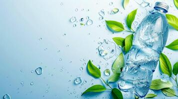 ai generato puro acqua bottiglia con fresco le foglie su blu sfondo foto