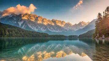 ai generato degno di nota estate Alba su Eibsee lago con zugspitze montagna gamma. soleggiato all'aperto scena nel Tedesco Alpi, Baviera, Germania, Europa. bellezza di natura - 1 foto