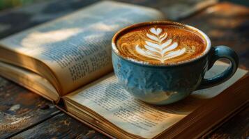 ai generato caffè tazza su Aperto libro foto