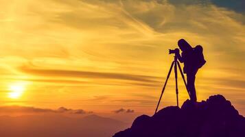 ai generato silhouette di fotografo cattura tramonto foto