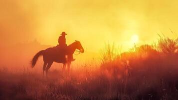 ai generato silhouette di un' cowboy equitazione a tramonto foto