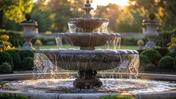 ai generato acqua Fontana circondato di alberi foto