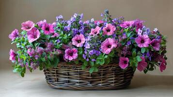 ai generato cestino di viola fiori su di legno tavolo foto
