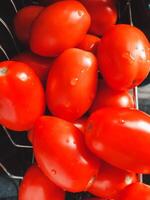 rosso pomodori. totale lavato pomodori, rosso e salutare verdure. salutare mangiare concetto con lavato pomodori foto