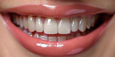 ai generato womans luminosa Sorridi con bianca denti foto