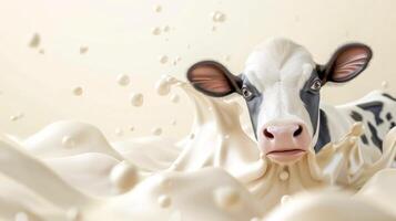 ai generato giocoso mucca nel spruzzi latte foto