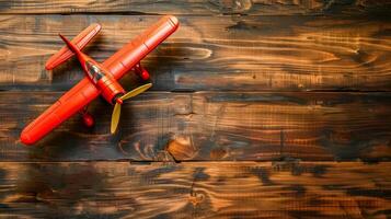 ai generato Vintage ▾ rosso giocattolo aereo su di legno sfondo foto