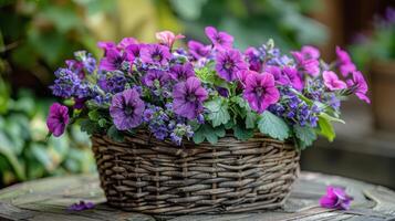 ai generato cestino di viola fiori su di legno tavolo foto