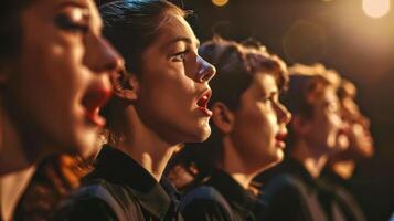 ai generato profilo Visualizza di un' femmina coro cantando appassionatamente su palcoscenico sotto caldo illuminazione foto