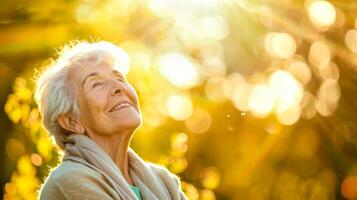 ai generato sereno anziano donna godendo un' soleggiato giorno foto
