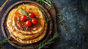 ai generato pila di Pancakes con lamponi e sciroppo foto