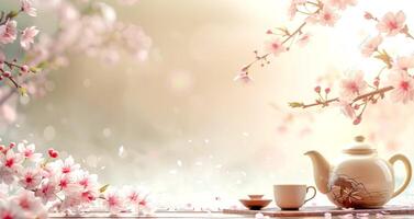 ai generato sereno ciliegia fiorire tè ambientazione foto