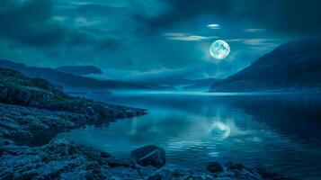 ai generato un' sereno notte scena con un' pieno Luna riflettendo al di sopra di tranquillo acque foto
