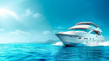 ai generato lusso yacht andare in barca su cristallo chiaro acque foto
