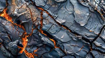 ai generato raggiante lava crepe nel carbonizzato paesaggio foto