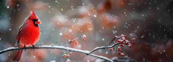 ai generato rosso uccello arroccato su innevato albero ramo foto