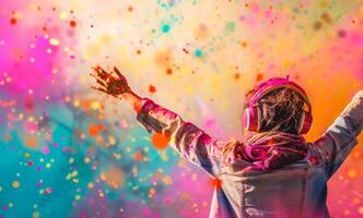 ai generato giubilante dj festeggiare con colore polvere esplosione foto