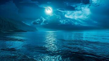 ai generato mistico illuminato dalla luna paesaggio marino a notte foto