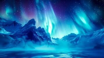 ai generato incantevole aurora al di sopra di ghiacciato paesaggio foto