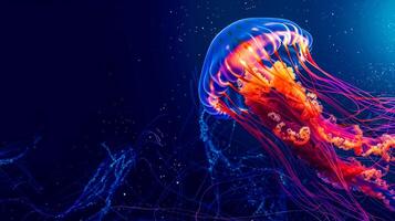 ai generato vivace Medusa illuminato nel in profondità blu mare foto