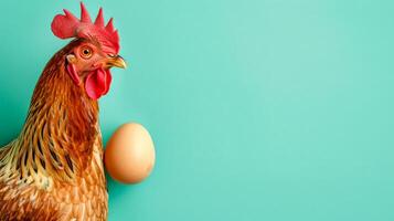 ai generato orgoglioso gallina con fresco uovo su alzavola sfondo foto