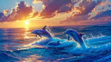 ai generato vivace illustrazione di delfini salto al di sopra di oceano onde a d'oro ora foto