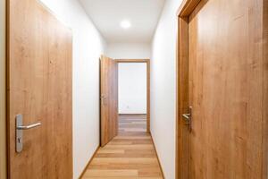 moderno casa interno con di legno porte e corridoio foto