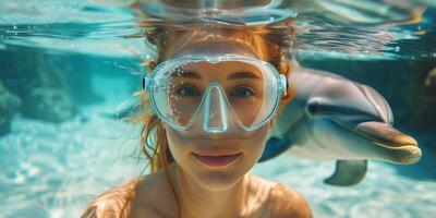 ai generato donna lo snorkeling con delfino foto