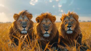 ai generato tre leoni posa giù nel un' erboso campo foto