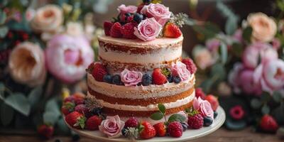 ai generato elegante multistrato torta con fresco frutti di bosco e fiori foto