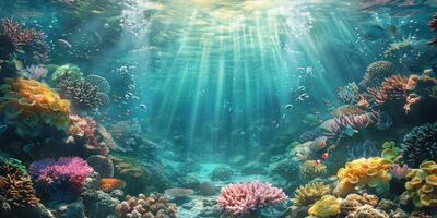 ai generato luce del sole streaming attraverso corallo scogliera foto