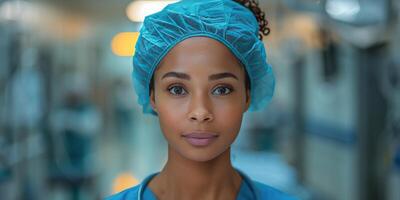 ai generato sorridente donna nel scrub foto