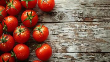 ai generato fresco pomodori su bianca di legno tavolo foto