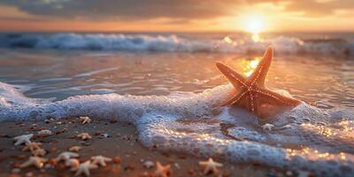 ai generato stella marina riposo su sabbioso spiaggia di oceano foto