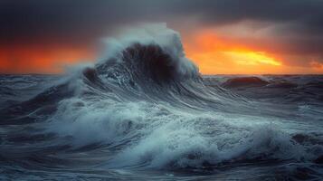 ai generato massiccio onda in aumento nel Aperto mare foto