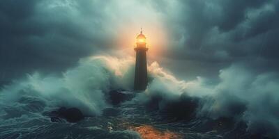 ai generato faro in piedi alto in mezzo tempestoso oceano foto