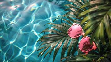 ai generato rosa occhiali da sole su palma albero di piscina foto