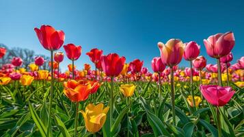 ai generato campo di rosso e giallo tulipani foto