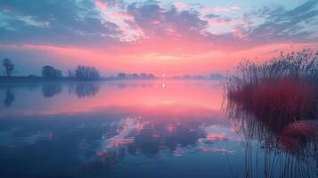 ai generato maestoso tramonto al di sopra di lago con alto erba foto