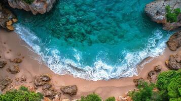 ai generato aereo Visualizza di spiaggia e oceano foto